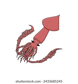 Colossal squid in the ocean. Vector cartoon hand drawn illustration of the isolated animal in Antarctica. Polar mysterious suspicious squid with tentacles undersea. Illustration on white background