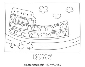 Ilustración vectorial del doodle del emblema del anfiteatro del colosseo. Lugar histórico y famoso en Roma. Ideal para la decoración, postales, afiches, concepto de impresión. Diseño de dibujo manual 