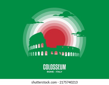 Colosseum building silhouette in moonlight illustration. Color tone based on official country flag. Vector eps 10.