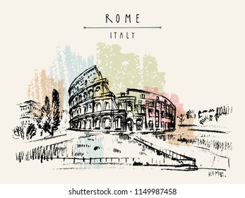 The Colosseum, Coliseum, or the Flavian Amphitheatre - amphitheatre in Rome, Italy, Europe. Vintage travel sketch. Retro style touristic postcard, poster template or book illustration in vector