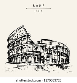 The Colosseum, Coliseum, or the Flavian Amphitheatre - amphitheatre in Rome, Italy, Europe. Vintage travel sketch. Retro style touristic postcard, poster template or book illustration in vector