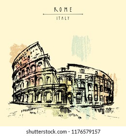 The Colosseum, Coliseum, or the Flavian Amphitheatre - amphitheatre in Rome, Italy, Europe. Vintage travel sketch. Retro style touristic postcard, poster template or book illustration in vector