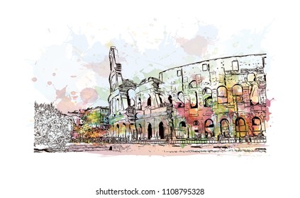 The Colosseum or Coliseum, also known as the Flavian Amphitheater, is an oval amphitheater in the center of the city of Rome, Italy. Watercolor splash with hand drawn sketch illustration in vector.