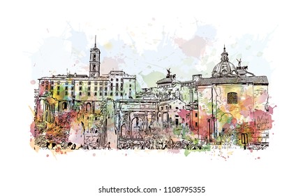 The Colosseum or Coliseum, also known as the Flavian Amphitheater, is an oval amphitheater in the center of the city of Rome, Italy. Watercolor splash with hand drawn sketch illustration in vector.