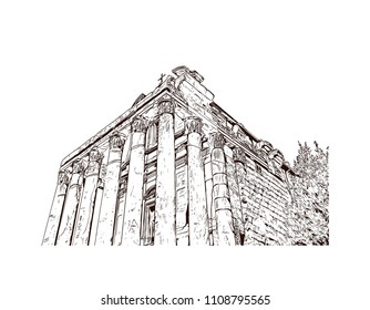 The Colosseum or Coliseum, also known as the Flavian Amphitheater, is an oval amphitheater in the center of the city of Rome, Italy. Hand drawn sketch illustration in vector.