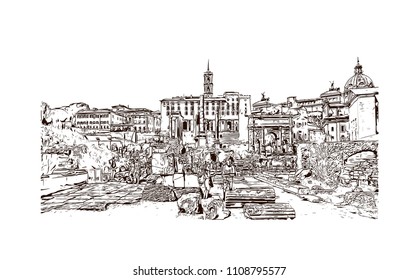 The Colosseum or Coliseum, also known as the Flavian Amphitheater, is an oval amphitheater in the center of the city of Rome, Italy. Hand drawn sketch illustration in vector.