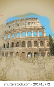 Colosseum (Coliseum) in Rome, Italy. Main tourist attraction of Rome. Travel background illustration. Painting with watercolor and pencil. Brushed artwork. Vector format.