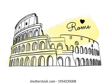 Colosseum digital hand drawn sketch. With Rome sign. Good for postcards. Vector isolated with yellow watercolor spot