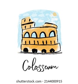 Colosseum doodle sketch painted in watercolor style. Vectorial illustration of roman monument, italy