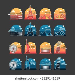 
the colosseum, the eiffel tower, the egyptian pyramids, the sydney opera house, the london eye, the statue of liberty, the parthenon, the leaning tower of pisa flat city icons set day and night