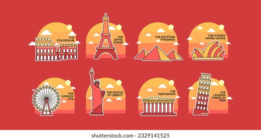 
the colosseum, the eiffel tower, the egyptian pyramids, the sydney opera house, the london eye, the statue of liberty, the parthenon, the leaning tower of pisa flat city icons illustrations sunset