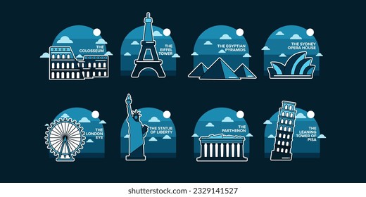 
the colosseum, the eiffel tower, the egyptian pyramids, the sydney opera house, the london eye, the statue of liberty, the parthenon, the leaning tower of pisa flat city icons illustrations set night