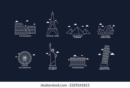 the colosseum, the eiffel tower, the egyptian pyramids, the sydney opera house, the london eye, the statue of liberty, the parthenon, the leaning tower of pisa outline city icons set dark background