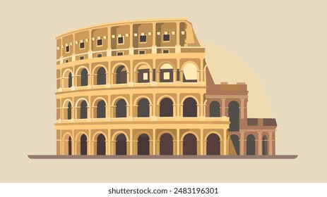 The Colosseum, its elliptical form dominating the view, stands bathed in warm sunlight. The intricate arches and tiers of the ancient Roman arena are depicted in clean lines and bold colors.