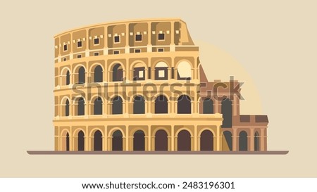 The Colosseum, its elliptical form dominating the view, stands bathed in warm sunlight. The intricate arches and tiers of the ancient Roman arena are depicted in clean lines and bold colors.