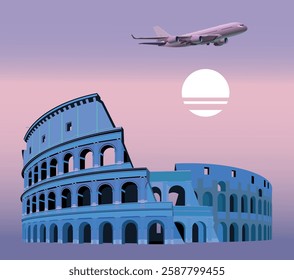 Colosseum in the evening against the background of the moon and an airplane. Vector.