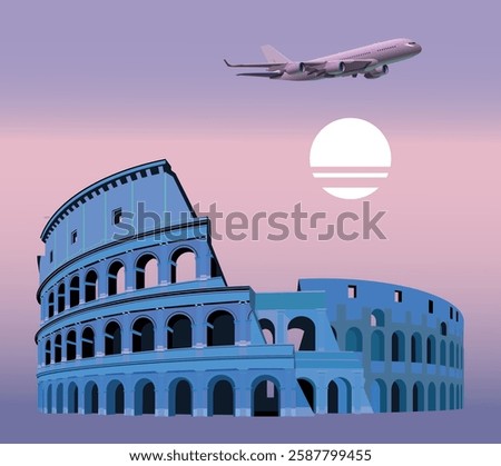 Colosseum in the evening against the background of the moon and an airplane. Vector.