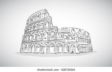 Colosseum hand drawn vector illustration. Coliseum in Rome, Italy. One of the most famous historical and tourist landmarks in the world.