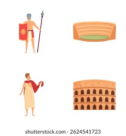 Colosseum icons set cartoon vector. Historical character and landmark. Ancient rome
