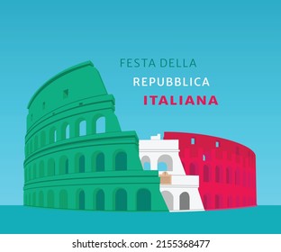 Colosseum with Italian Flag for celebrate national Day. Festa Della Repubblica Italiana. National day of Italy, Colosseum