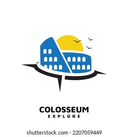 Colosseum in Italy logo icon, with building sun and compass. Vector logo template.