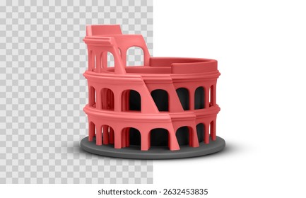 Colosseum landmark in cartoon 3D style with soft red tones and minimalist detail, ideal for travel, Rome or Italy-themed content. Perfect for educational or tourism projects. Vector illustration.