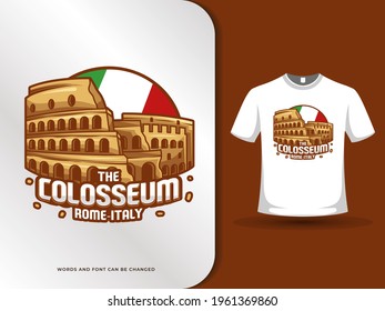 The Colosseum landmarks and flag of italy. Vector illustration with text effect and t shirt design template