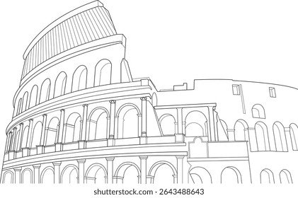 Colosseum Line Drawing, Simples ilustração de desenho de linha preto e branco do antigo Coliseu Romano em Roma, Itália. Icônico marco e histórico traçado de anfiteatro para design e viagem