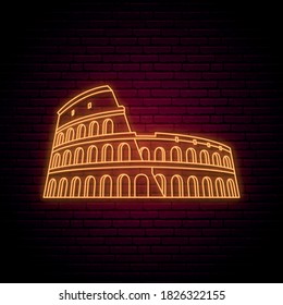 Colosseum neon sign. Glowing neon Colosseum icon on dark brick wall background. Italian landmark. Stock vector illustration.