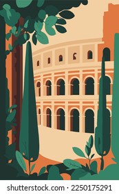 Colosseum Rome city landmark poster, tourism attraction flat color vector illustration background for banner design template