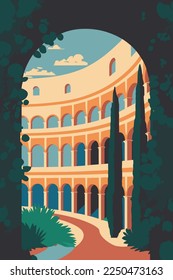 Colosseo Afiche emblemático de la ciudad de Roma, atracción turística de color plano fondo de ilustración vectorial para la plantilla de diseño de banners