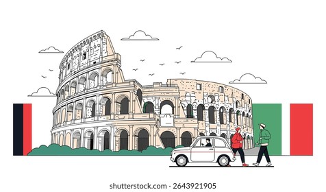 Colosseum in Rome Italy Ancient Landmark Italian Flags People Car Flat Minimalist Vector Design