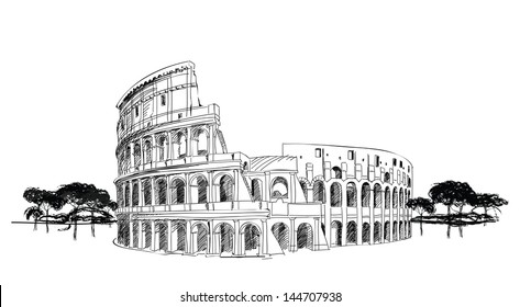 Colosseum In Rome, Italy. Landmark Of Coliseum, Hand Drawn Vector Illustration. Rome City Landscape.