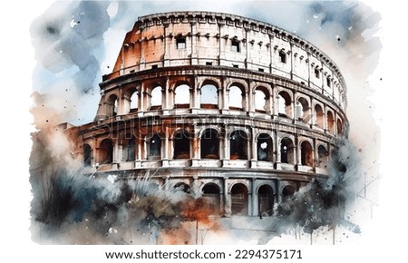 The Colosseum Rome Italy,Watercolor Painting, Adulation, Ancient, Antique white background.