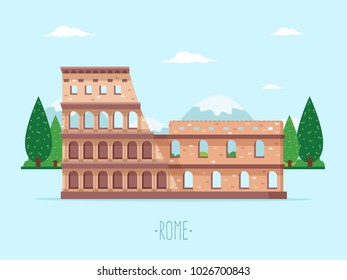 Colosseum in Rome on Blue Background with Trees and Mountains. Flat Design Style. 