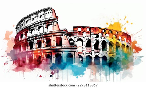 Colosseum in Rome, watercolor brilliant painting. vector draw.