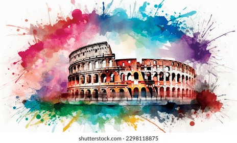 Colosseum in Rome, watercolor splash painting. vector illustration.