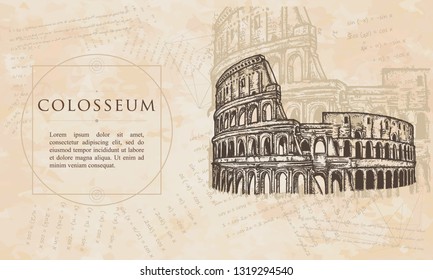 Colosseum.  Symbol Of Ancient Rome, Gladiator Fights. Renaissance Background. Medieval Manuscript, Engraving Art 