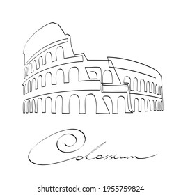 Colosseum - symbol of Rome and Italy, continuous line drawing. Coliseum - ancient theater, cultural, architectural and historical italian sight, ideal for minimalist postcard, poster or t-shirt design