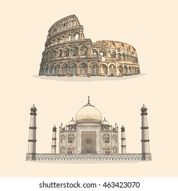 Colosseum and Taj Mahal hand drawn vector illustration. Coliseum in Rome, Italy. 
Architecture landmark of Agra, India Taj Mahal. Famous tourist and historic landmarks.