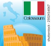 Colosseum Vector Illustration Clipart, World Famous Places Art, The Icon of Rome, Italy Map And Flag Vector Art