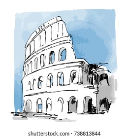 Colosseum vector sketch. Ancient Rome, Italy. Hand drawn urban illustration. Ink, watercolor. Design for greeting card, poster.