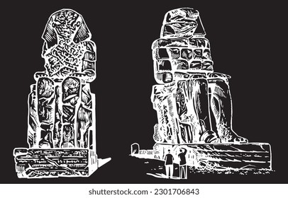 Colossi of Memnon isolated on black graphical illustration, landmark of ancient Egypt.
Statues of  Pharaoh Amenhotep III.Vector set