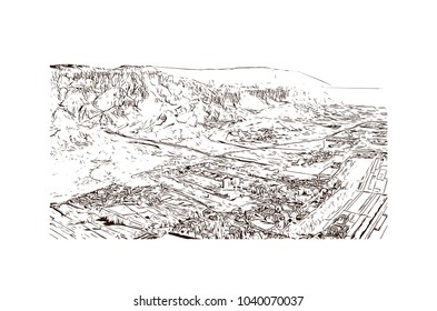 The Colossi of Memnon are two massive stone statues of the Pharaoh Amenhotep III, who reigned in Egypt. Hand drawn sketch illustration in vector.