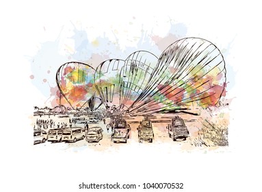 The Colossi of Memnon are two massive stone statues of the Pharaoh Amenhotep III, who reigned in Egypt during the Dynasty XVIII. Watercolor splash with hand drawn sketch in vector.