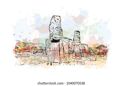 The Colossi of Memnon are two massive stone statues of the Pharaoh Amenhotep III, who reigned in Egypt during the Dynasty XVIII. Watercolor splash with hand drawn sketch in vector.