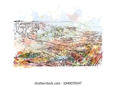 The Colossi of Memnon are two massive stone statues of the Pharaoh Amenhotep III, who reigned in Egypt during the Dynasty XVIII. Watercolor splash with hand drawn sketch in vector.