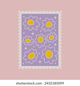Colotful y2k perforated post mark with distorted flowers. Geometric retro design. Vintage post sticker with groovy daisy shapes. Vector patch for card, poster, collage design