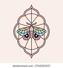 Colouful stained glass window with geometric moth ornament. Abstract groovy border with butterfly engraving. Minimalist insect in outline frame. Vector graphic
