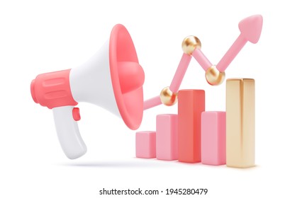 Farbe 3D wachsende Balken Grafik mit steigendem Pfeil und Megaphon einzeln auf weißem Hintergrund. Vektorgrafik